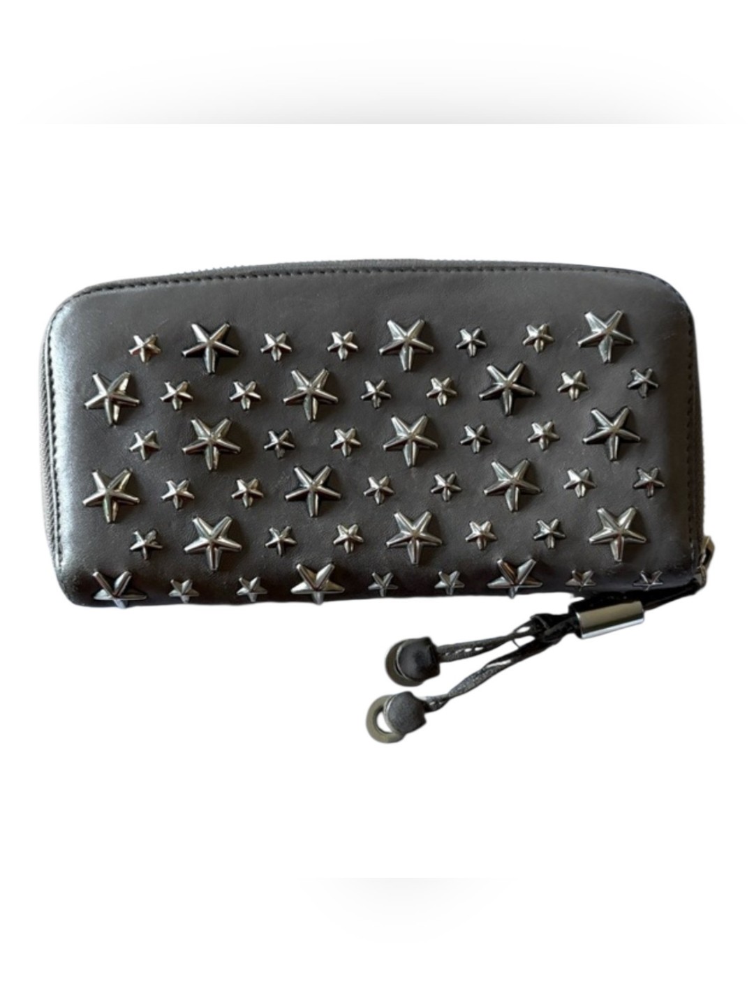 Jimmy Choo Filipa Metallic Silver/Grey Star-Studded Zip Wallet W/ Dusty & Coa